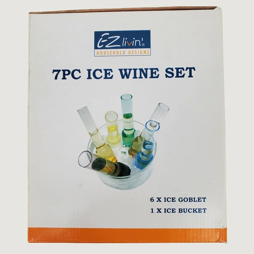 Vintage EZ Livin 7PC Ice Wine Set 6 Multi Color Glass Goblet Tubes Ice Bucket